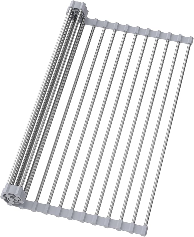 Roll Up Over Dish Rack 17.7”Lx15.5”W, Kitchen Drainer Rack, Gray