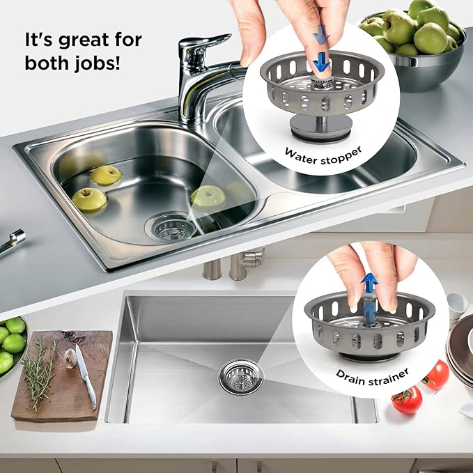 Highcraft 97343 Kitchen Sink Basket Strainer Replacement for Standard Drains (3-1/4 Inch) Stainless Spring Steel Closure and Rubber Stopper, Stainless Steel (Pack of 2)