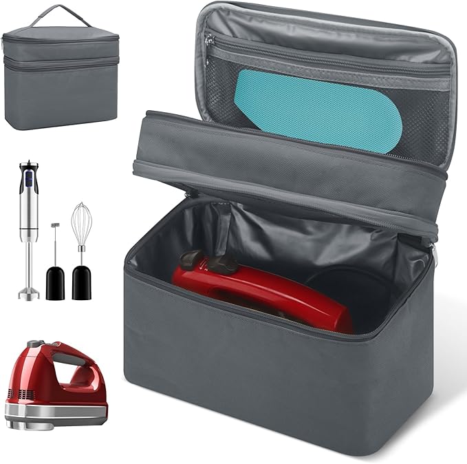 Hand Mixer Case for Kitchen Aid - Immersion Blender Attachments Storage Bag Blender Stick Handheld Carrying Case with Handle Hand Mixer Accessories, Portable Travel Organizer (Bag Only) Gray