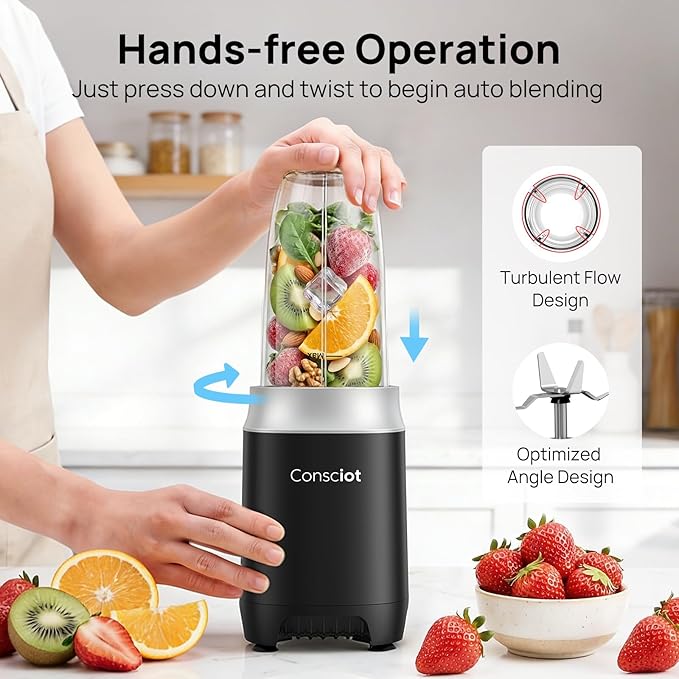 Smoothies Blender, Consciot Blender for Kitchen and Personal Size for Making Shakes and Smoothies, Frozen Drinks, Sauces & More, 3 Portable BPA Free Cups & 3 Lids for Home & On-the-Go, 900 Peak Watt
