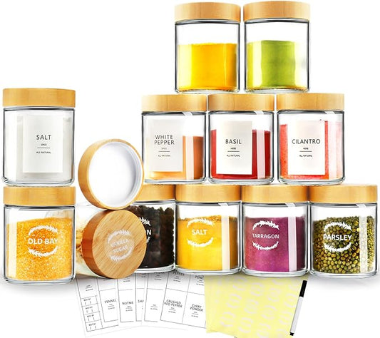 Spice Jars with Label, 12 Pcs 8oz Glass Jars with Bamboo Lids