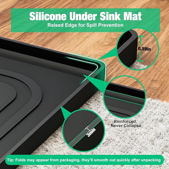 Aisslro Under Sink Mat 22" X 19", Waterproof Silicone Cabinet Organizer Protector with Raised Edge, Kitchen & Bathroom Leak Tray, Shelf Liner & Pet Feeding Mat for Dog Cat Food Mats, Black
