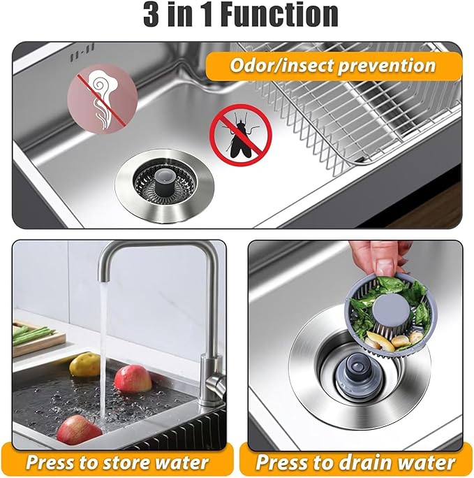 Anlige Kitchen Sink Drain Strainer, 3 in 1 Pop Up Kitchen Sink Stopper, with an Extra Basket Strainer, Universal for US Standard 3-1/2 Inch, Brushed Nickel