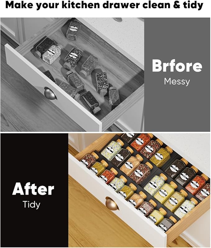Spice Drawer Organizer, Spice Rack Tray for Kitchen Cabinet, Expandable Seasoning Storage Rack Insert for Drawer/Countertop,6 Pieces Set, Aluminum (Jars Not Included)