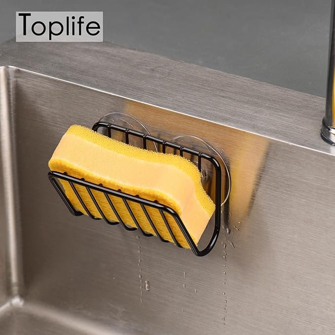 Toplife Sponge Holder for Kitchen Sink, Rust-Proof Suction Cup Sponge Caddy - Black