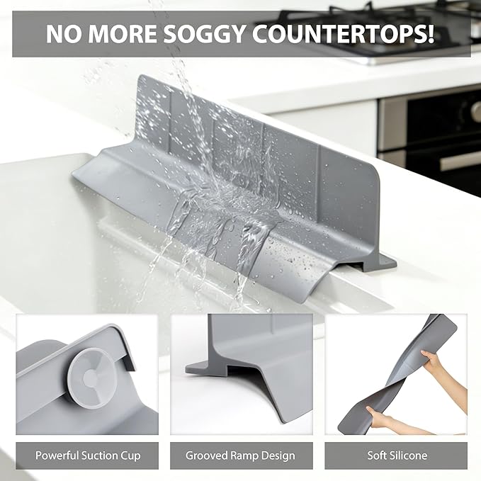 23Inch Sink Splash Guard – Extended Length & Tall Silicone Kitchen Sink Splash Guard with Overhang Drainage Design & Strong Suction Cups for Countertop (Dark Grey, 23''x3.5'')