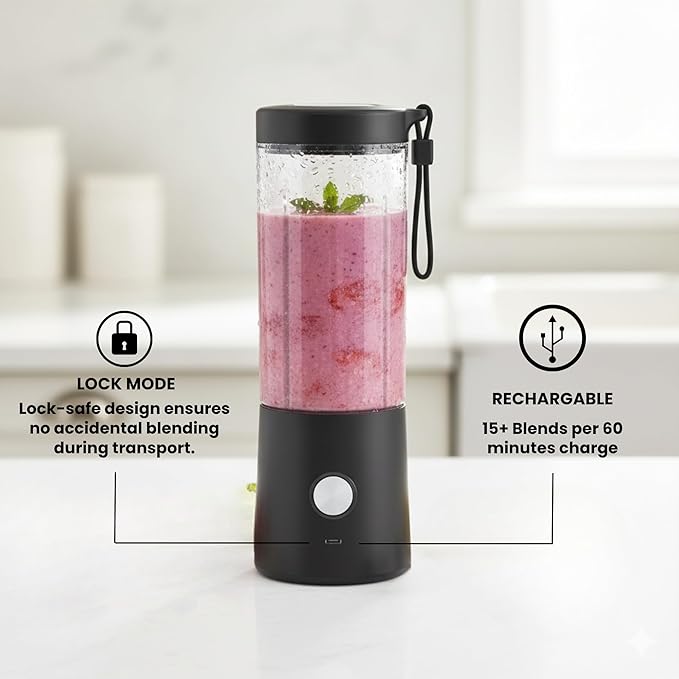 Portable Blender for Smoothies - 16oz Personal Mini Blender, USB-C Rechargeable and Self-Cleaning, Black