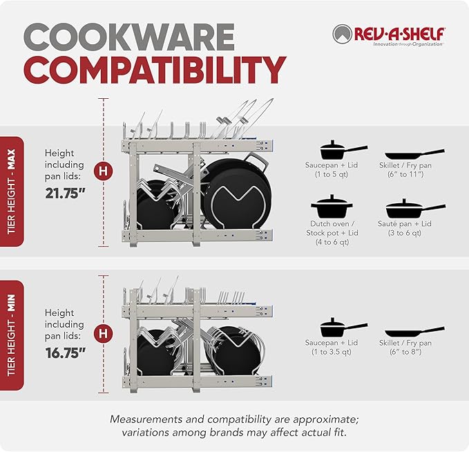 Rev-A-Shelf 2-Tier Kitchen Cabinet Pullout, Cabinet Organizer for Pots, Pans, and Lid Cookware, Adjustable Heavy Duty Wire, Min Opening Width of 11.5", Chrome, 5CW2-1222-CR