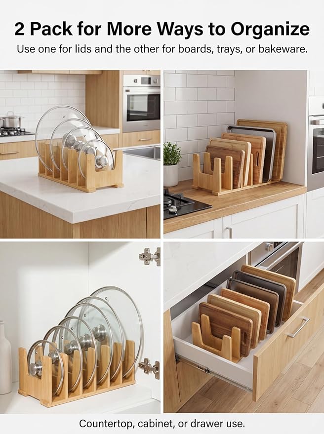 2 Pack Bamboo Pot Lid Organizer Rack, 14" x 7" x 5" Bamboo Pan Lid Holder with 2" Spacing Dividers, Keeps Lids Upright, Pot Lid Organizer for Drawer & Cabinet, Caraway Lid Organizer