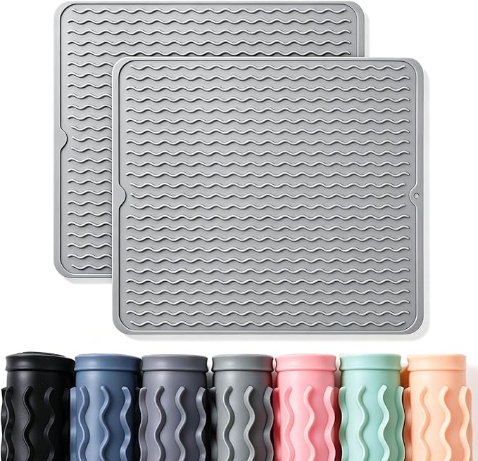 CAKETIME 2 Pack Silicone Dish Drying Mat for Kitchen Counter Heat Resistant Pads Hot Dishes Waterproof with Under Sink Soap Holder Coffee Bar Accessories Women Gifts Extra Large 18"x16" Light Gray