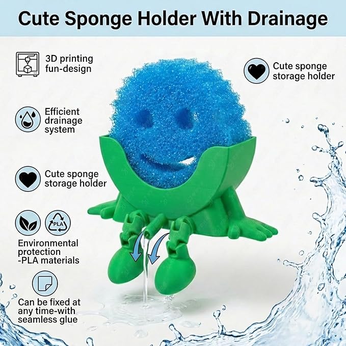 Creative Hanging Sponge Holder with Drainage/Traceless Glue, 3D Printing Countertop Funny Sponge Holders for Kitchen Sink, Keeps Your Sponge Dry & Smiling, for Scrub Daddy Holder (1, Green)