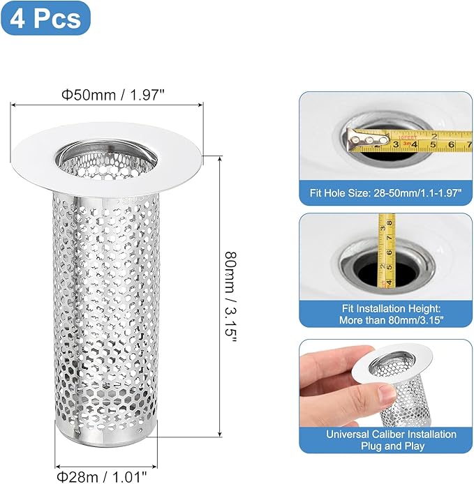 uxcell 4 Pack Shower Drain Strainer, 3.2" x 2" 304 Stainless Steel Floor Drain Strainer Deep Sink Hair Catcher for Kitchen Bathroom Balcony Floor Drain, Fit Hole Size from 1.1" to 2"