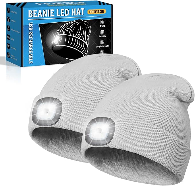 Beanie Hats with Light, USB Rechargeable LED Hand Free Headlamp, Ideal for Camping, Hiking, Fathers Day Dad Gifts, Birthday Gifts for Husband, Dad, Men, 2 Pack, Grey