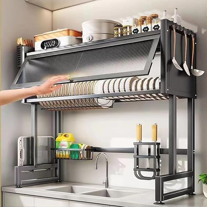 Over The Sink Dish Drying Rack, Over Sink Dish Drain Drying Rack for Kitchen Storage of Dishes and Cutlery, Space Saving Dish Rack with Cover, (Black, 33.5 inch)
