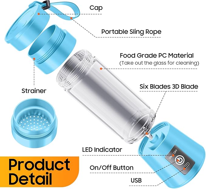 Cordless Portable Personal Size Blender - 2026 Upgraded New Blender for Shakes and Smoothies with 13 Oz BAP Free Juice Cup, USB Rechargeable Freshly Squeezed for Picnic/Sports