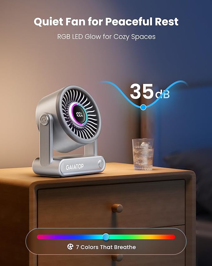 Gaiatop Portable Quiet Desk Fan, 6000mAh Rechargeable Battery Fan with RGB Ring, 18Hrs Runtime, 5-Speed Strong Wind, Bedroom Office Desk Accessories, Gifts for Women Men Teens, Silver