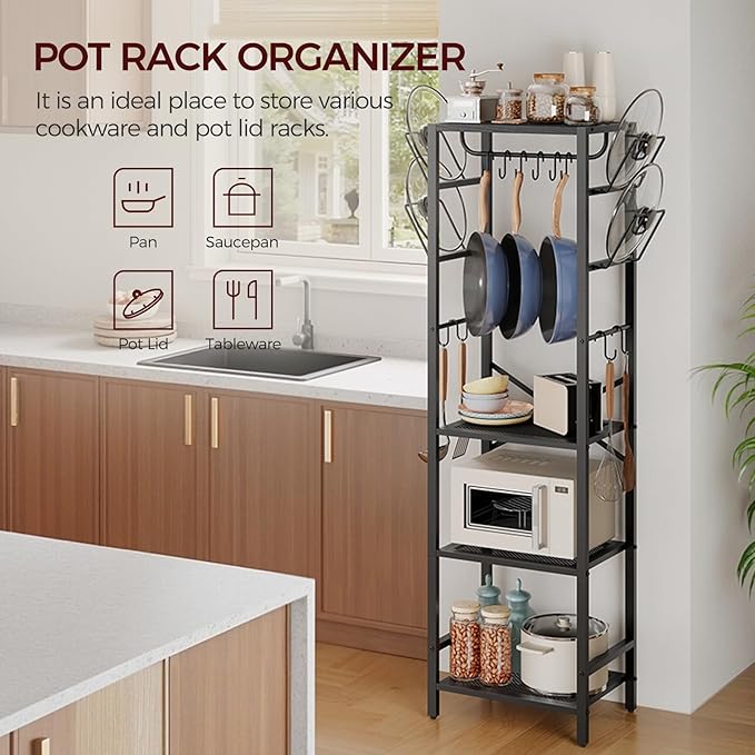 MAHANCRIS 4-Tier Pot Rack, Pots and Pans Organizer for Kitchen, Lid Organizer Rack with U-Shaped Lid Holders, Kitchen Storage Shelf for Standing Cookware, Black POBK3001