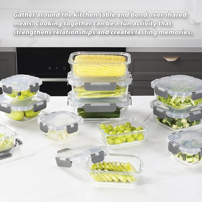 AILTEC 12 Pack Glass Food Storage Containers with Lids, Glass Meal Prep Containers Set with Leak Proof Lids, Airtight Lunch Container for Kitchen, Microwave, Oven, Freezer, Dishwasher Safe, Bpa free