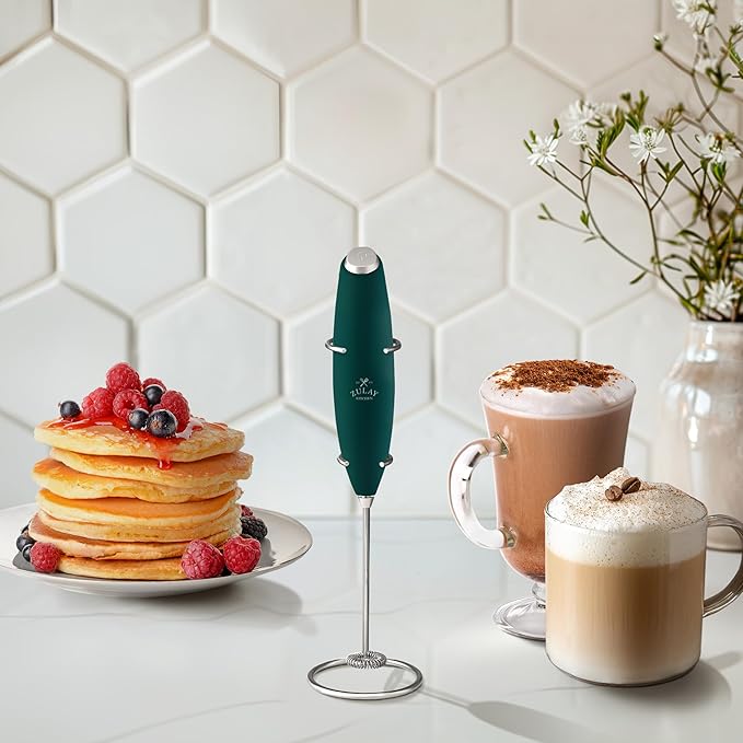 Zulay Kitchen Powerful Milk Frother Wand With Duracell Batteries - Ultra Fast Handheld Drink Mixer - Electric Whisk Foam Maker for Coffee, Lattes, Cappuccino & Matcha - Z1 Motor - Dark Green