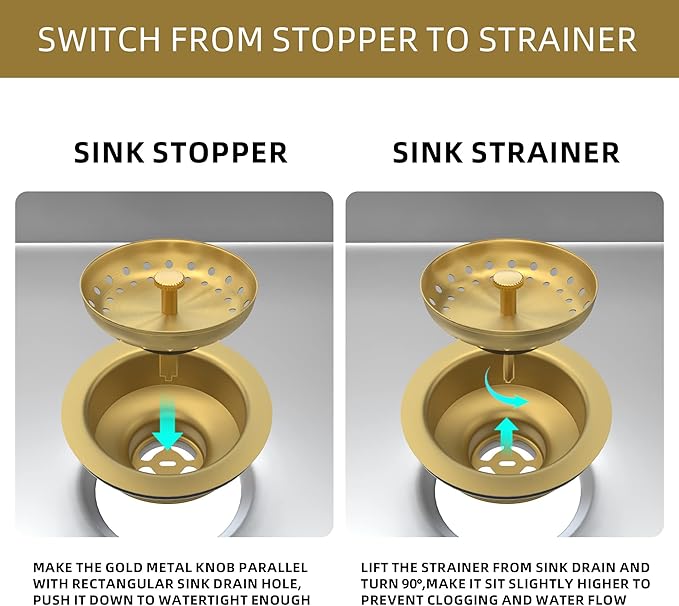 Kitchen Sink Drain Gold Sink Drain Strainer with Fixed Post 3-1/2 Inch Kitchen Drain Assembly with Strainer Basket and Drain Stopper for Standard Kitchen Sink Stainless Steel Brushed Gold