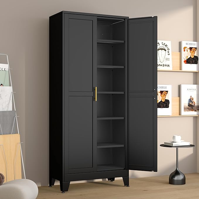 Metal Pantry Cabinet with 2 Doors and 5 Adjustable Shelves, 75"Kitchen Storage cabinets with Gold Handles, Versatile Storage for Laundry Room, Living Room, Bathroom, Dinning Room, Utility Room-Black