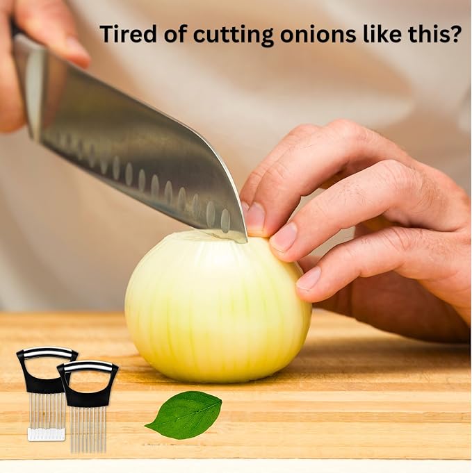 Onion Holder for Slicing (2 Pack) - Stainless Steel Vegetable Slicer Guide, Tomato/Potato/Lemon/Meat Holder - Safe, Even Cuts Kitchen Gadget