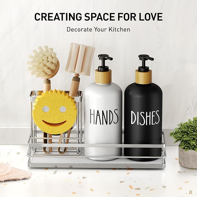 Moforoco Kitchen Dish Soap Dispenser Set, 16OZ Glass Bottle, Hand and Dish Soap Dispenser Set, Instant Dry Tray, Brush Holder with Smiley Face Sponge Holder (Silver Tray+Black&White Bottle)