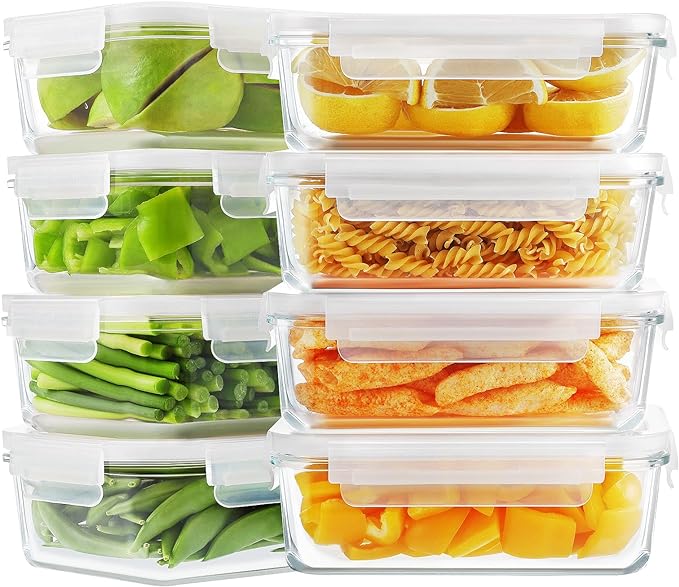 Bayco 8 Pack Glass Food Storage, Meal Prep Containers, Airtight with Lids - BPA-Free & Leak Proof (8 lids & 8 Containers) 30oz