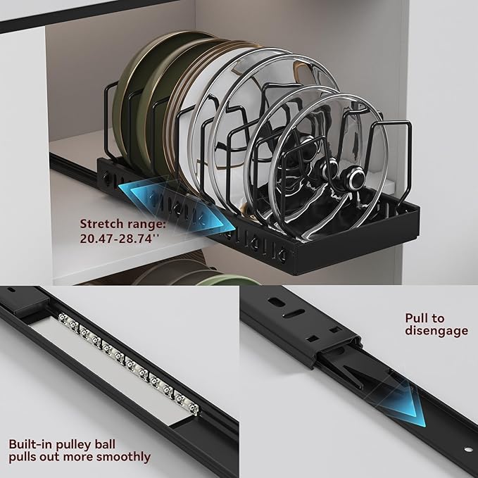 Pots and Pans Organizer Under Cabinet, Pull Out Pots and Pans Organizer, Under Cabinet Pot Lid Holder, Sliding type Pots and Pans Storage for Pot Lid, Bakeware, Dishes, 10 Adjustable Dividers