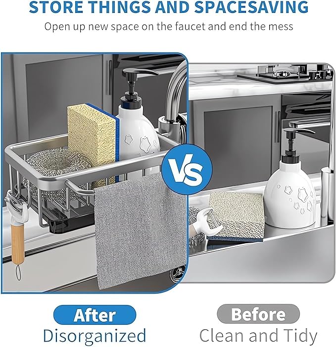 Kitchen Sink Faucet Organizer, Kitchen Sink Organizer Over Faucet, Over Sink Dish Drying Rack, Sponge Holder for Kitchen Sink, for 0.7-1.1 inch Round Water Pipe (Grey, Left Mount)