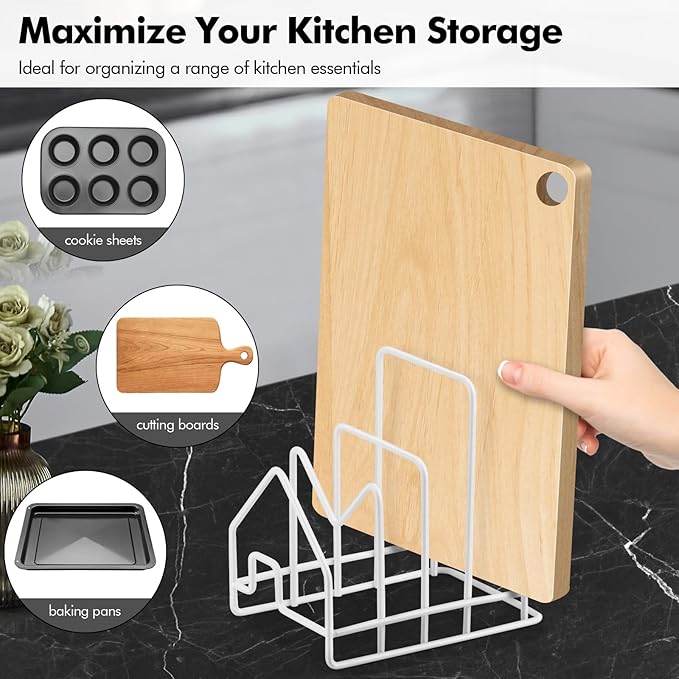 Poeland Kitchen Pot Lid Organizer, Pan Rack with 4 Compartments, Pantry Organizer Rack for Dinnerware, Bakeware, Cookware, Cutting Boards, Pan Lids (Small Size, White)
