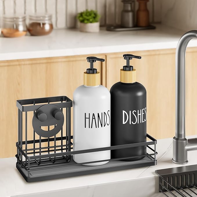 Moforoco Kitchen Dish Soap Dispenser Set, 16OZ Glass Bottle, Hand and Dish Soap Dispenser Set, Instant Dry Tray, Brush Holder with Smiley Face Sponge Holder (Black Tray+Black&White Bottle)