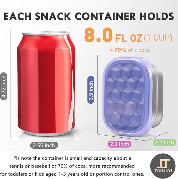 Tanjiae Snack Pro - Small (1 CUP) Stainless Steel Snack Containers for Kids | Easy Open Leak Proof Food Containers with Silicone Lids - Perfect Metal Toddler Lunch Box for Daycare and School (8oz*3)