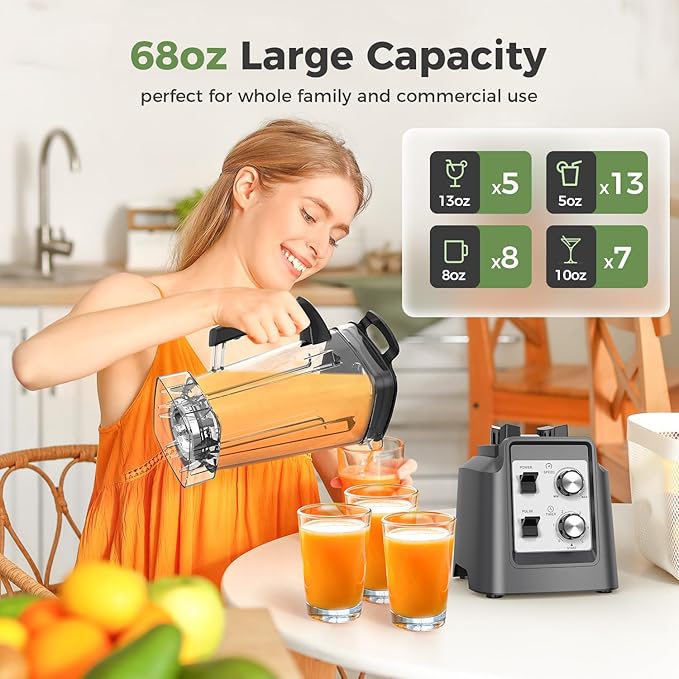 Blenders for Kitchen, Smoothie Blender with Timer - Countertop Blenders with 68oz Dishwasher-Safe Pitcher, Ice Crushing & Frozen Fruit