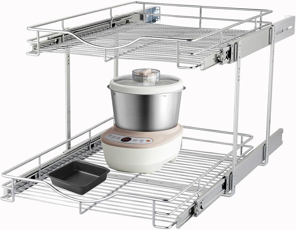 2 Tier Pull Out Cabinet Organizer (17" W X 21" D), Double Tier Wire Basket Slide Out Shelf Storage for Kitchen Base Cabinet, Chrome Finish