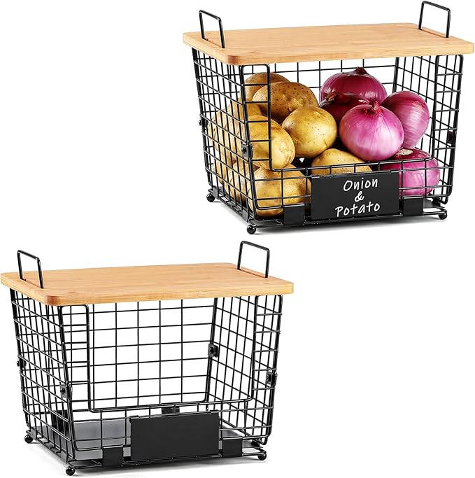2 Set Large Stackable Wire Basket with Bamboo Tops & Tag- Pantry Organizer