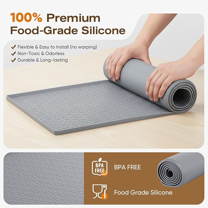 TRZZ Silicone Waterproof Under Sink Mat 34" x 22", Drip Tray and Cabinet Liner for Kitchen and Bathroom, Prevents Water Damage and Organizes Cabinets (Khaki)