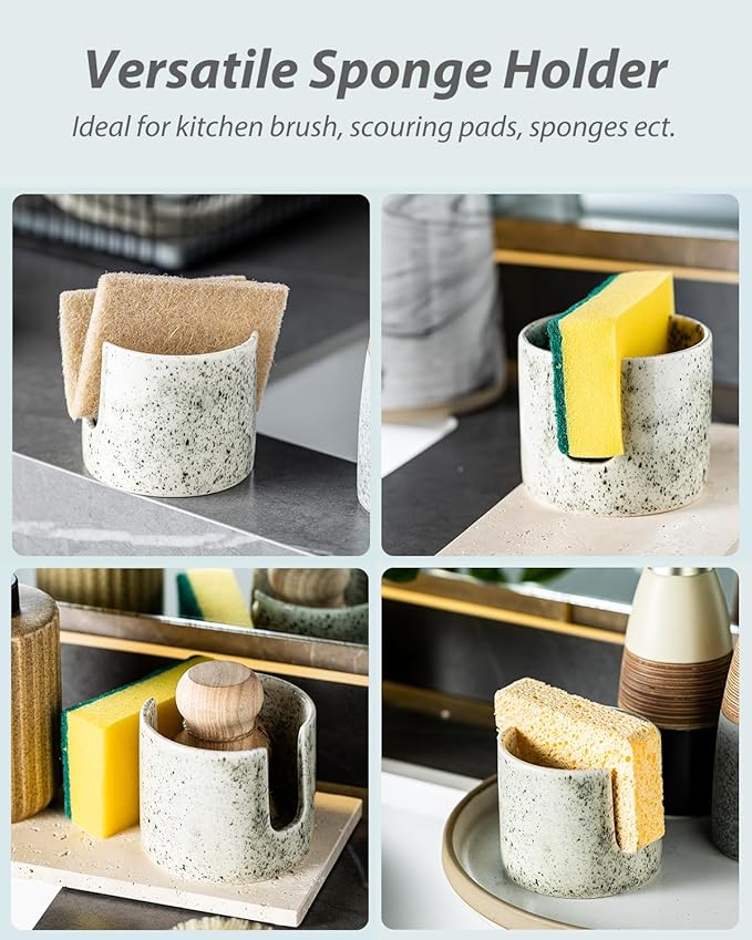 Zoeeker Kitchen Sink Sponge Holder, Dish Sponge Rack Ceramic Brush Holder Farmhouse Kitchen Dish Rack for Brush, Scrubbers, Bathroom, Sink, Speckled Glaze