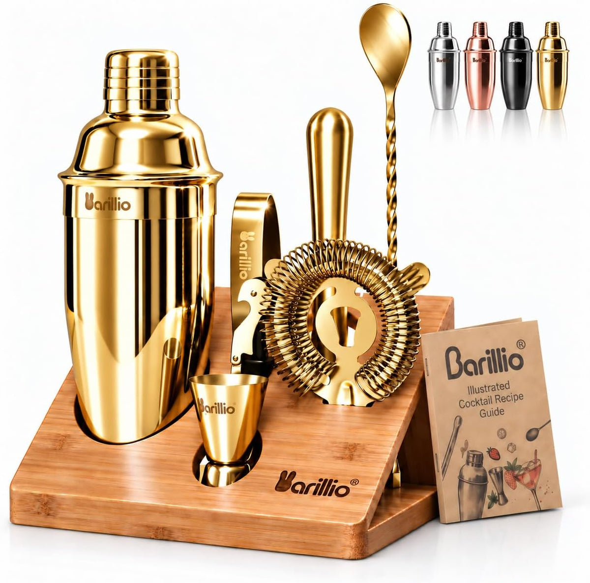 Gold Bartender Kit - Stainless-Steel Cocktail Shaker Set w/Bamboo Stand - Mixology Bar Tools w/Shaker, Drink Mixer Spoon & Muddler for Cocktails - Home Bar Accessories - 10-Pc Bar Set
