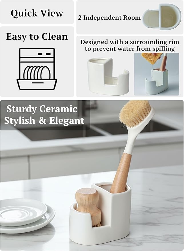 Ceramic Sponge Holder for Kitchen Sink, 2-in-1 Sponge & Brush Organizer, Compact Sink Caddy with Raised Edge to Catch Drips, Keeps Countertops Dry, Dishwasher Safe, Rustproof, White