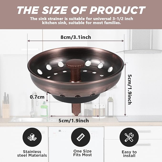 Retisee 2 Pcs Kitchen Sink Stopper Strainer Stainless Steel Drain Strainers for Universal 3-1/2 Inch Kitchen Sink Drain Replacement(Antique Copper)