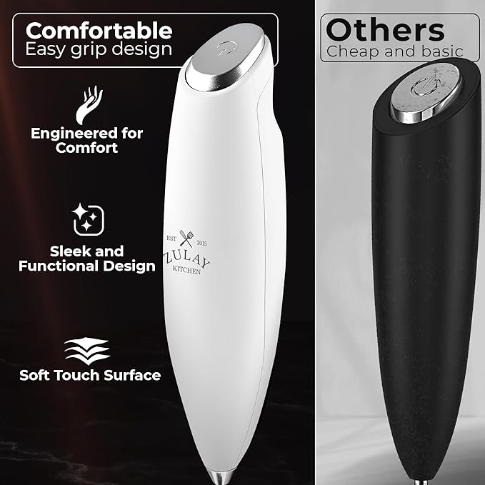 Zulay Kitchen Powerful Milk Frother Wand With Duracell Batteries - Ultra Fast Handheld Drink Mixer - Electric Whisk Foam Maker for Coffee, Lattes, Cappuccino & Matcha - Triple Whisk - Luna White