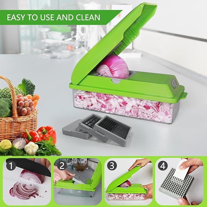 LHS Professional Multifunctional Vegetable Chopper Pro Food Chopper with Food Storage Containers, Mandoline Slicer Onion Dicer Fruit Cutter, Kitchen Gadgets and Home Essentials(5 in 1, Green)