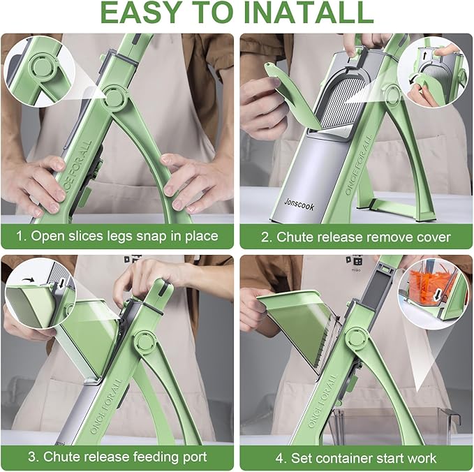 Jonscook All-in-1 Update Safe Mandoline Slicer for Kitchen, Food Chopper with Container, Thickness Adjustable Vegetable Chopper, Potato French Fry Cutter Tomato Apple Slicer Onion (Matcha Green)
