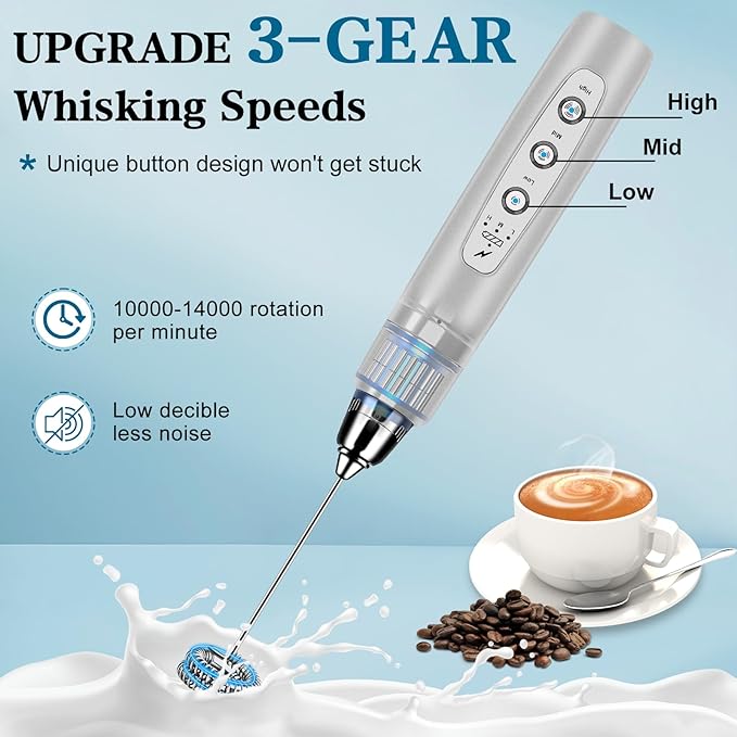 BSRGMS Milk Frother Handheld with Stand, Electric Whisk 3 Speed Adjustable, Drink Mixer with Stainless 3 Whisk, Rechargeable Hand Frother Wand, Foam Maker for Latte Cappuccino Hot Chocolate Egg Silver