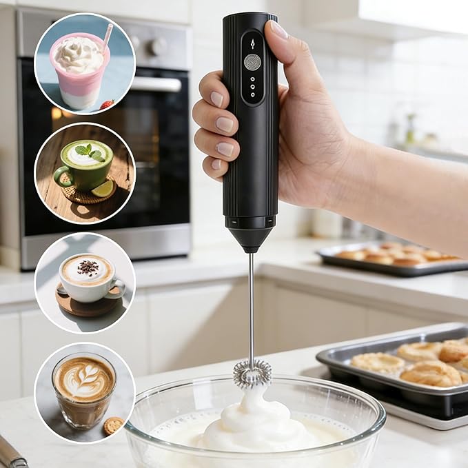 Rechargeable Milk Frother Handheld with Cover, 3-Speed Silent Coffee Frother Wand Electric, Portable Drink Mixer for Coffee Latte Cappuccino Matcha Hot Chocolate & Eggs, Kitchen Gifts, Black