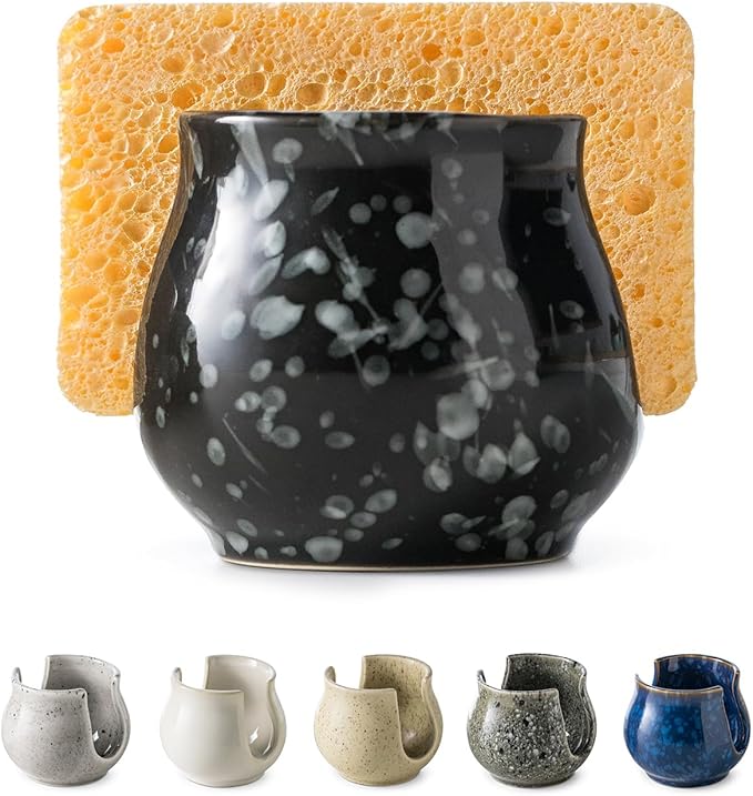 Zoeeker Kitchen Sponge Holder, Ceramic Dish Sponge Holder Kithen Sink Organizer Farmhouse Brush Holder Dish Rack for Bathroom, Kitchen, Sink, Black
