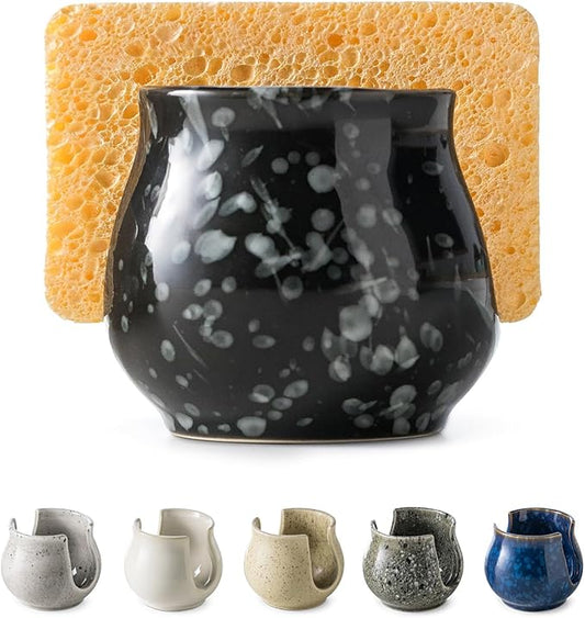 Zoeeker Kitchen Sponge Holder, Ceramic Dish Sponge Holder Kithen Sink Organizer Farmhouse Brush Holder Dish Rack for Bathroom, Kitchen, Sink, Black