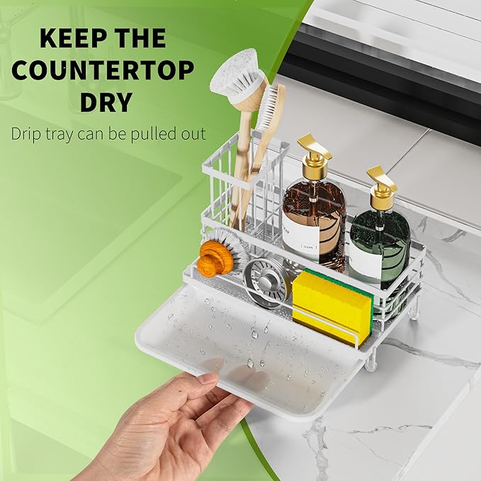 Sponge Holder for Kitchen Sink,Sink Caddy with Removable Brush Holder,Self-Draining Sponge Caddy for Sponge,Soap,Dish Brush,Scrubber,Kitchen Essentials and Gadgets