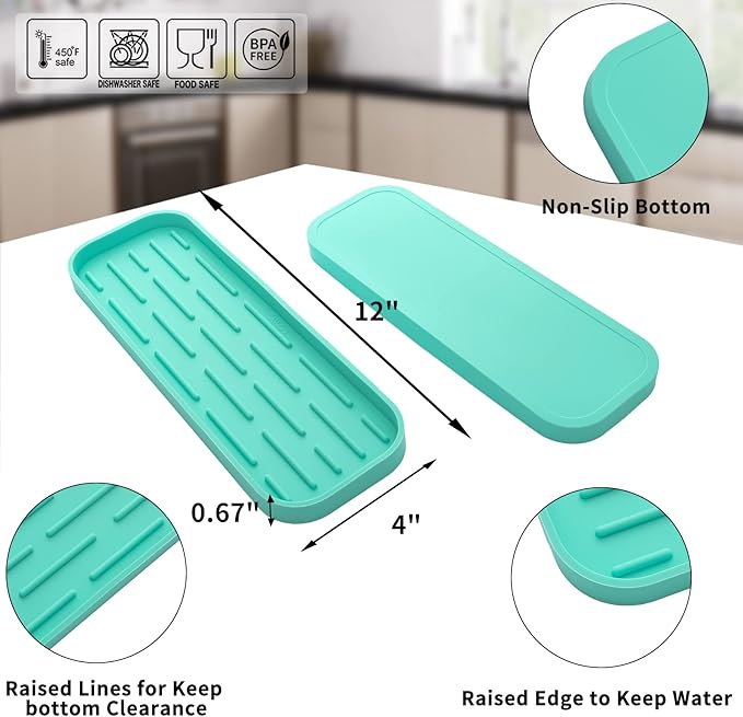 MicoYang Silicone Kitchen Sink Organizer Tray for Multiple Usage,Eco-Friendly Sponges Holder for Kitchen Bathroom Counter or Sink,Dish Soap Dispenser,Scrubber,Bottle,Cup (Mint, 12"×4")